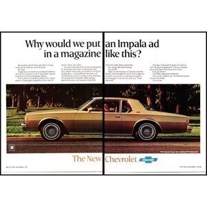 1977 Chevy Impala Coupe 2 Page Vintage Print Ad Wire Wheels Trees Park Wall Art